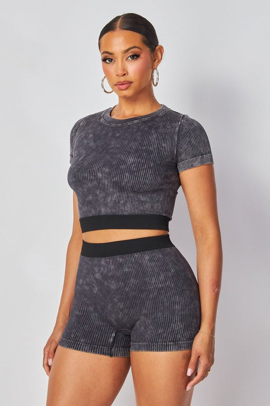 Mineral Wash Ribbed Short Sleeve And Shorts Set