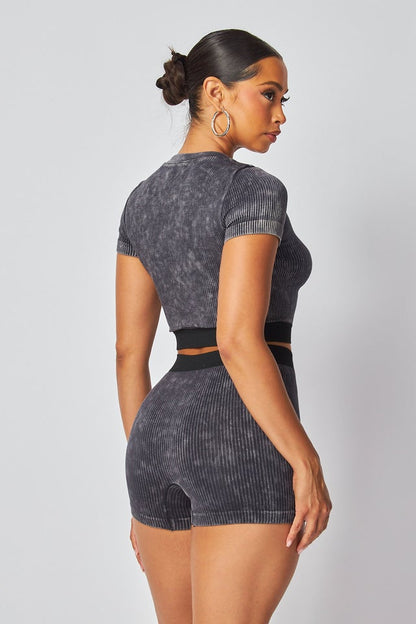 Mineral Wash Ribbed Short Sleeve And Shorts Set