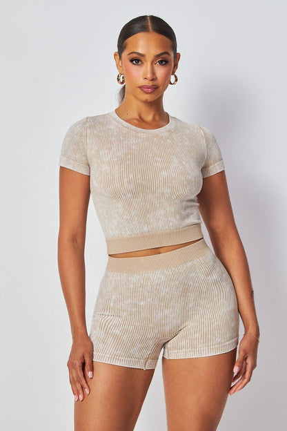 Mineral Wash Ribbed Short Sleeve And Shorts Set